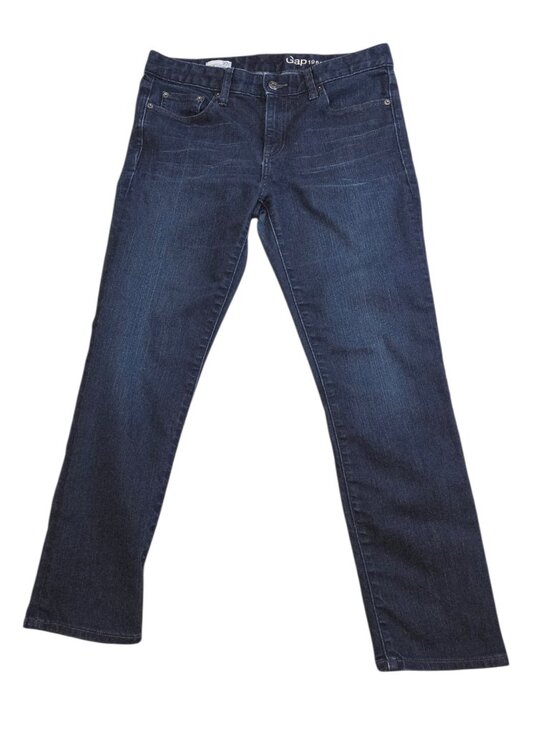 Gap 1969 Denim - GAP 1969 Real Straight Jeans Dark Wash Distressed Stretch Jeans Size 30 Short